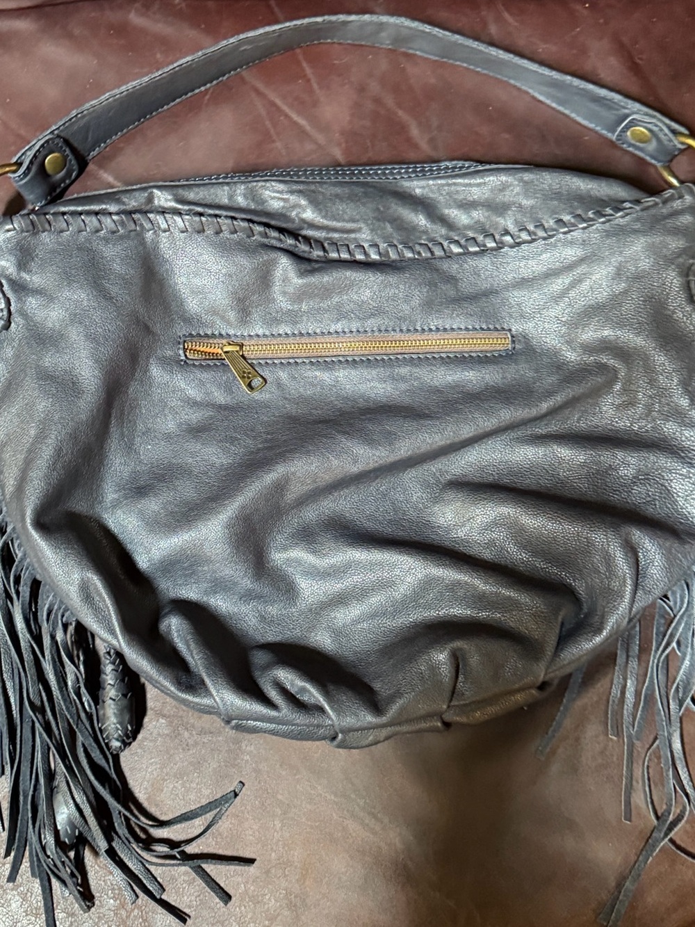 Patricia Nash Black Leather Fringe Hobo Bag